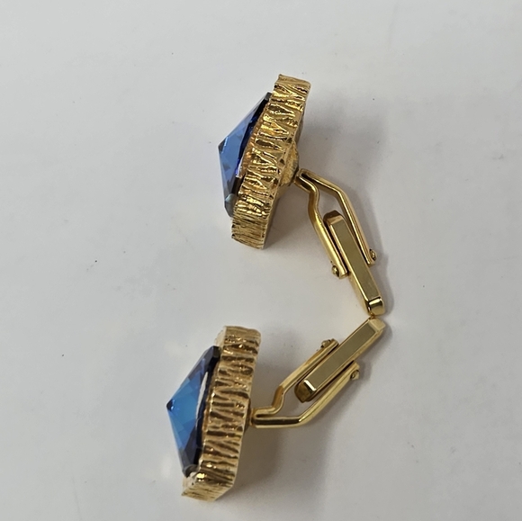VINTAGE 1960S GOLD TONE BLUE RIVOLI CUFFLINKS MENSWEAR CLASSIC 1" SQUARE MCM - Picture 6 of 11